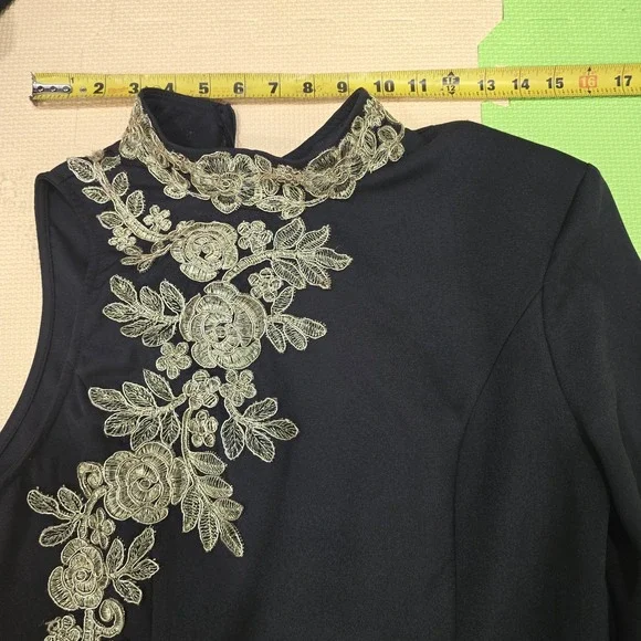 PrettyLittleThing Black Maxi Dress Gold Embroidered Floral Appliqué Size US 8 UK - Picture 4 of 12